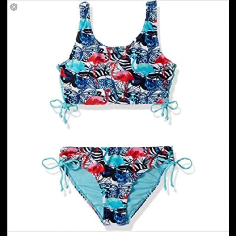 NWT sz 7/8 Vigoss adjustable straps & sides flamingo print two-piece bikini set